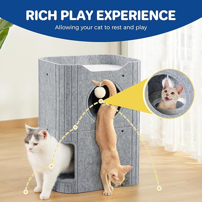 ABCPET Cat House for Indoor Cats, Cat Condo Cat Bed Cave, Felt Cats Hideaway Condo with Resistant Scratching Freedom Kitten Cube & Hanging Ball, Gray