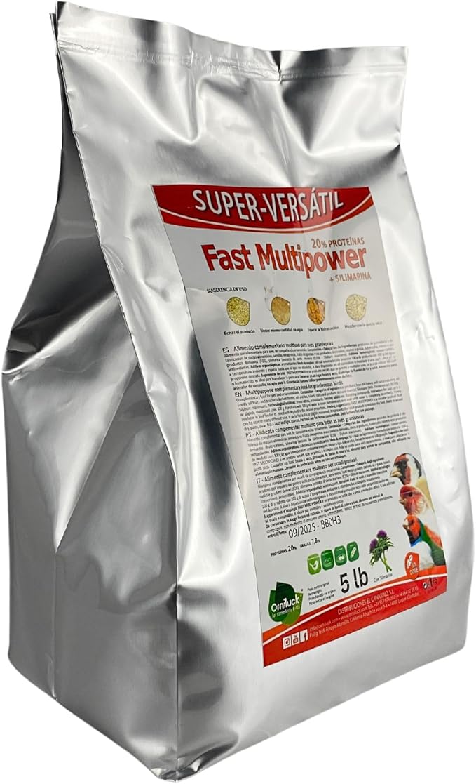 Fast Multipower Bird Food by Super-Versatil - 20 Percent Protein for Canary and Small Bird, Chick Feed with Milk Thistle Extract for Chicks High Energy Blend Silver Foil Bag 5 Lb