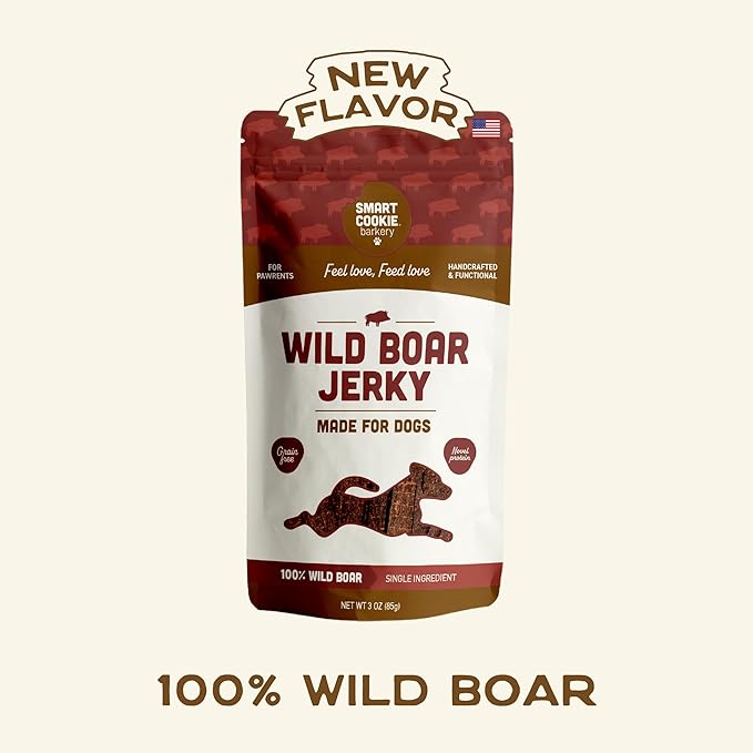 Smart Cookie 100% Wild Boar Jerky Dog Treats - Single Ingredient Hypoallergenic Training Treat Strips for Dogs and Puppies with Sensitive Stomachs - 100% Boar Meat, Grain Free, Made in USA - 3oz