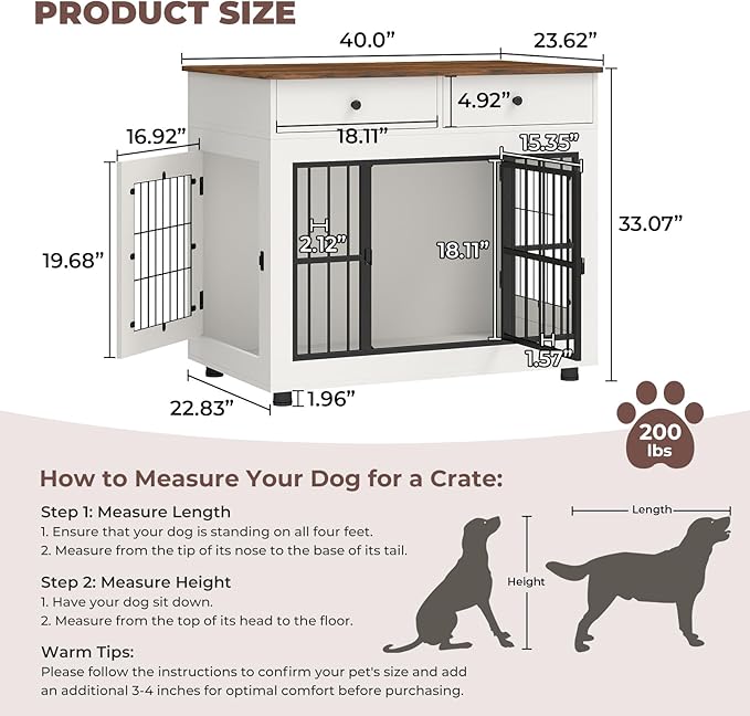 40 inch Dog Crate Furniture-Farmhouse Dog Kennel with Drawers-Heavy Duty End Table Wooden Pet Crate, Decorative Dog House Indoor for Small Medium Large Dog, White