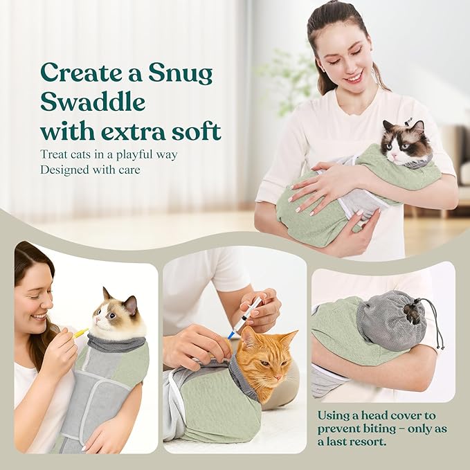 Supet Cat Grooming Wrap for Cutting Nails, Self-Adhesive Anti-Scratch Swaddle with Bite-Proof Mesh Hood & Thick Waist Strap Anti-Escape Bag for Nail Trimming, Medication, Ear Cleaning (Green M)
