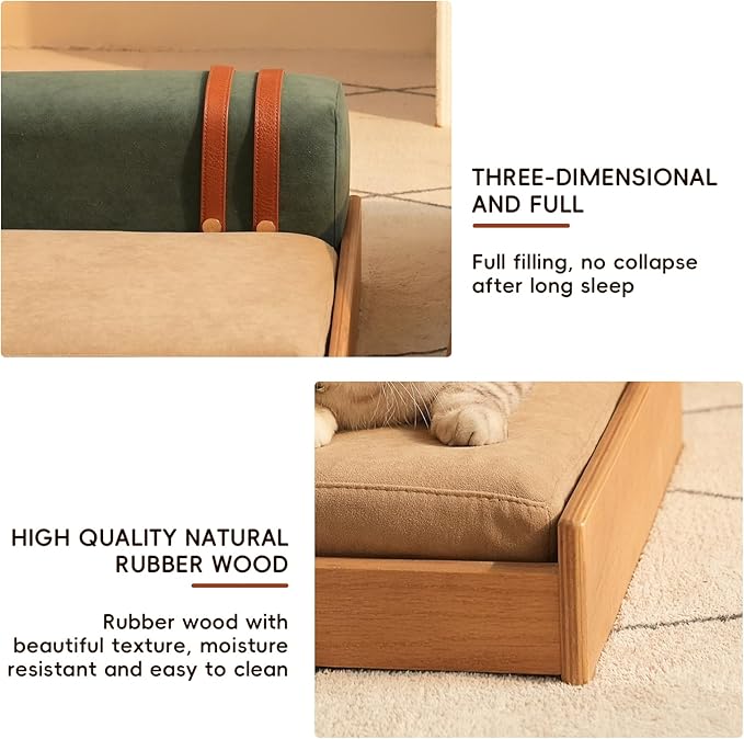 GDFStudio 24.8" Modern Wooden Pet Bed for Cats and Dogs, Oak Veneer Frame with Washable Cushion, Scratch-Resistant Fabric, Elevated Pet Sofa Bed with Non-Slip Feet and Hanging Toy for Indoor Pets