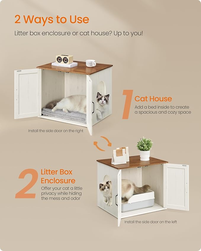 Feandrea Cat Litter Box Enclosure, Hidden Litter Box Furniture, Indoor Pet House End Table, 23.6 x 19.7 x 19.7 Inches, Rustic White and Honey Brown UPCL042W201