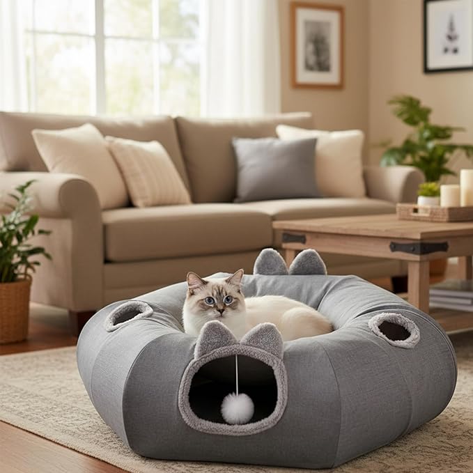 Linen Cat Tunnels with Central Cat Bed, Interactive Cat Toys Detachable Washable Soft Mat Large Indoor Play Tunnel Cave for Kittens and Small Animals
