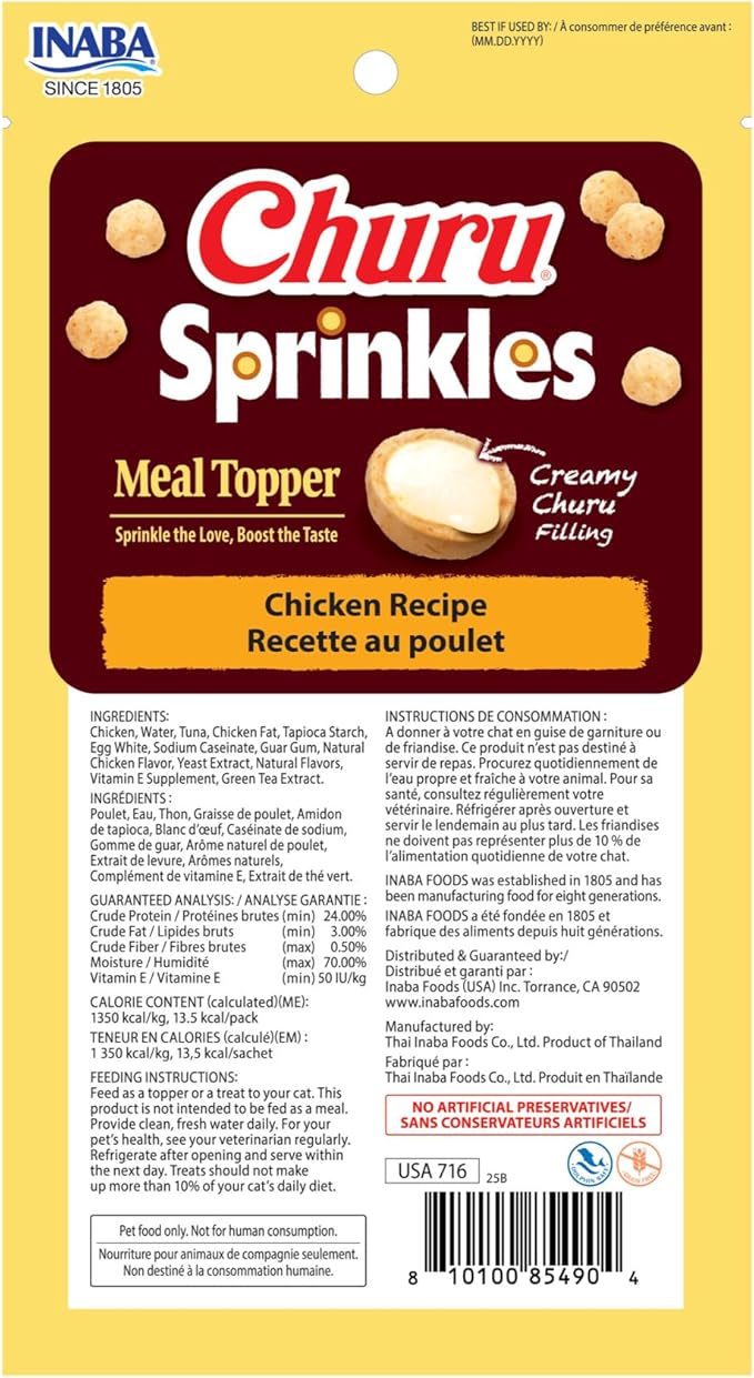INABA Churu Sprinkles for Cat, Soft & Chewy Churu Filled, Baked Chicken Cat Treat Meal Topper with Vitamin E and Green Tea Extract, 1.05 oz. per Pack, 18 Packs Total, Chicken Recipe