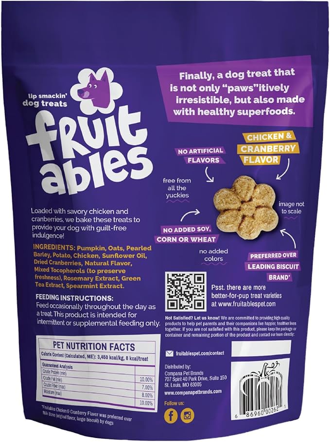 Fruitables Baked Dog Treats, Healthy Pumpkin Treat for Dogs, Low Calorie & Delicious, Made Without Wheat, Corn and Soy, Made in the USA, Allergy Friendly, Chicken and Cranberry Flavor, 12 oz
