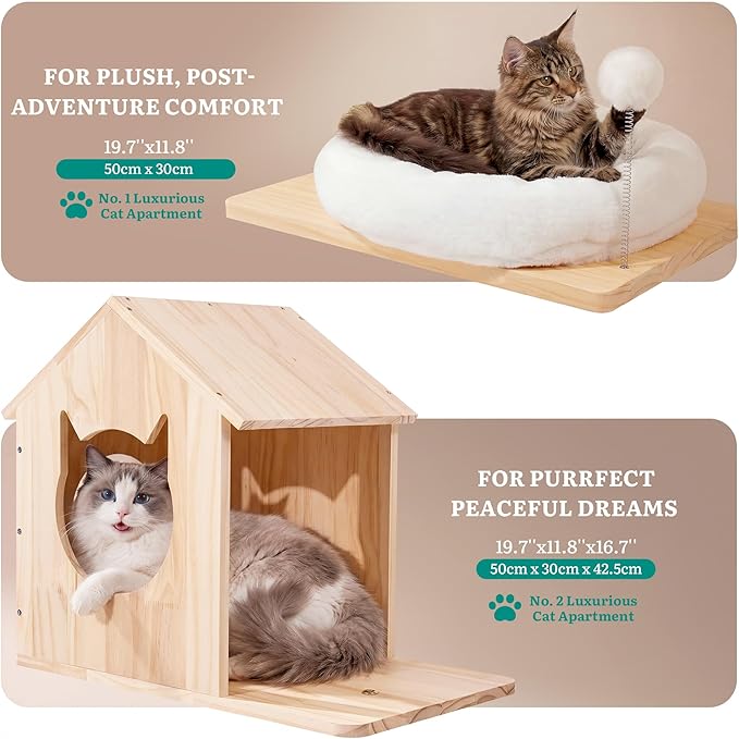 YITAHOME Stable Pine Wood Cat Tree, Multi-Level Cat Tower with Cat House, Observation Perches, Sisal Scratching Posts & 2 Interactive Sisal Balls, Cat Furniture