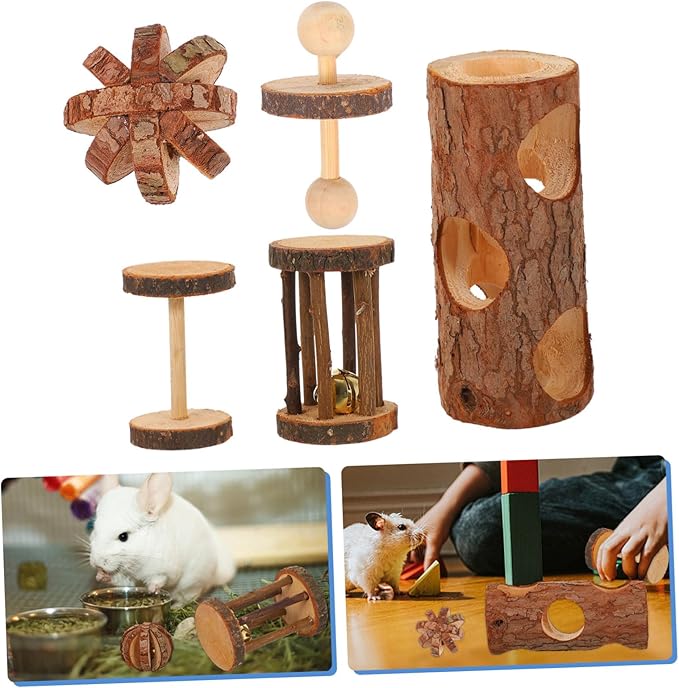 ORFOFE 5Pcs Wooden Hamster Small Animal Chew Teething for Hamsters Guinea Pigs Birds Cage Accessories Natural Safe Pet Activity Kit for Exercise and Stress Relief