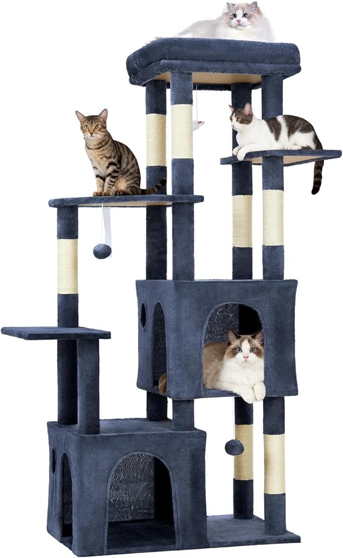 61.4 Inch Cat Tree, Large Cat Tower with Sisal Scratching Posts, 2 Spacious Cat Beds, Hanging Ball & Top Perch, Ideal for Large Indoor Adult Cats, Blue