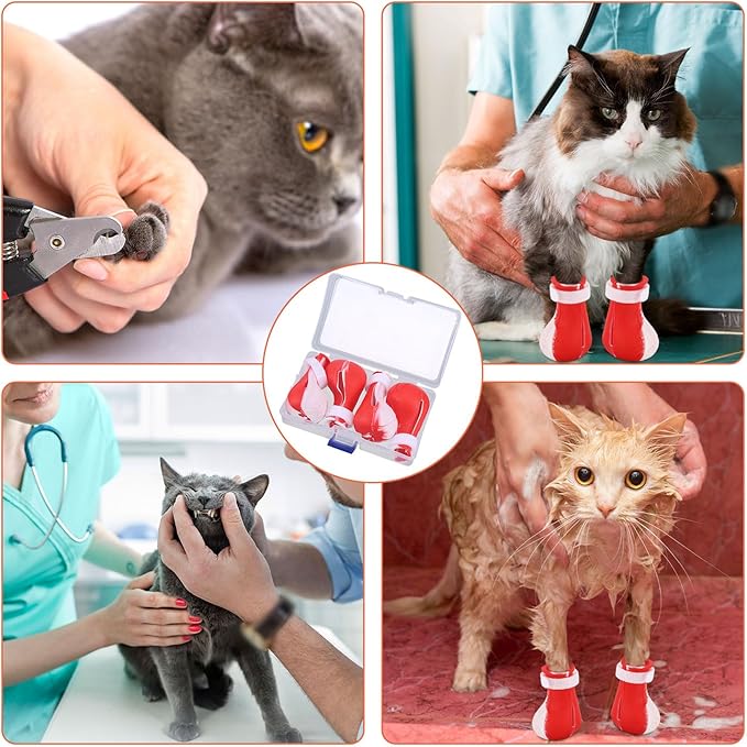 Gosknor 4pcs Cat Feet Covers, Adjustable Anti-Scratch Anti-Bite Silicone Kitten Paw Claw Caps Boots for Nail Trimming Bathing Checking Multifunctional Pet Grooming Protector Products (Red White)