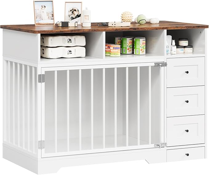 GarveeLife 48'' Dog Crate Furniture, Farmhouse Heavy Duty Dog Kennel with Bowl & Storage Drawers, Medium Dog Cage End Table for Small Medium Dogs, White