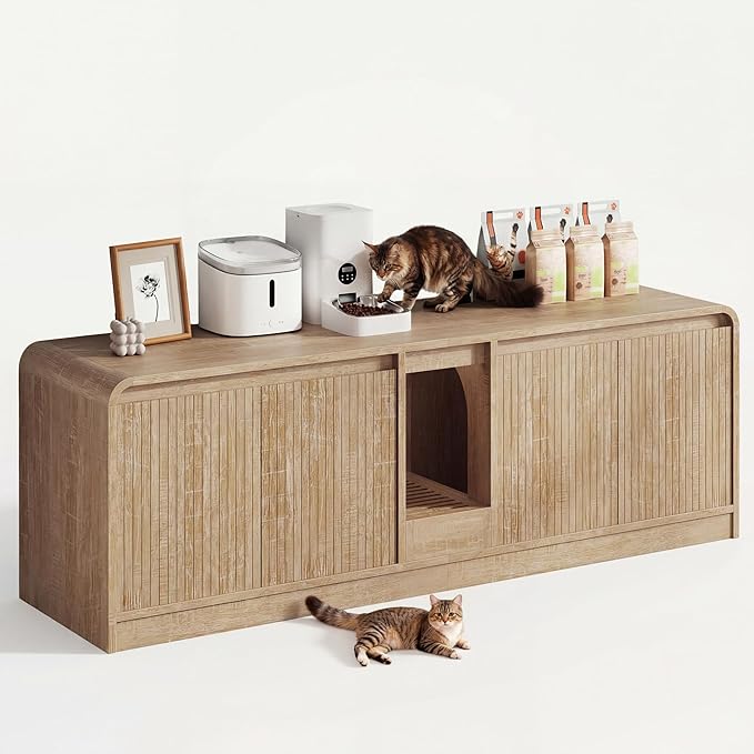 Cat Litter Box Enclosure with Litter Collector, 59'' Double Litter Box Enclosure for 2 Cats, Hidden Litter Box Furniture for Indoor Cats Large Adult, Cat House, Side Table, TV Stand, Natural