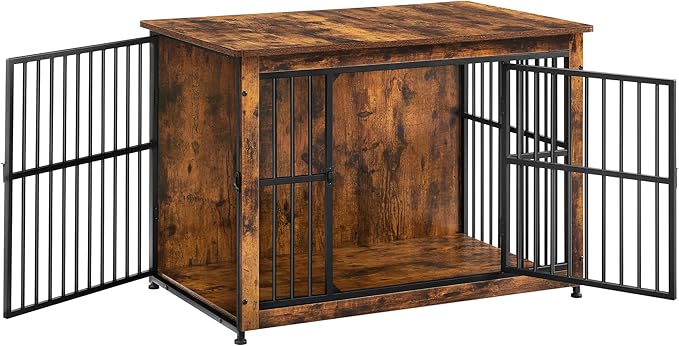 Feandrea 38.6" Dog Crate Furniture, Heavy-Duty Dog Cage Side End Table, XL Pet Wood Kennel for Large and Medium Dogs up to 70 lb with Enclosed Base, Double-Door Pet House, Rustic Brown