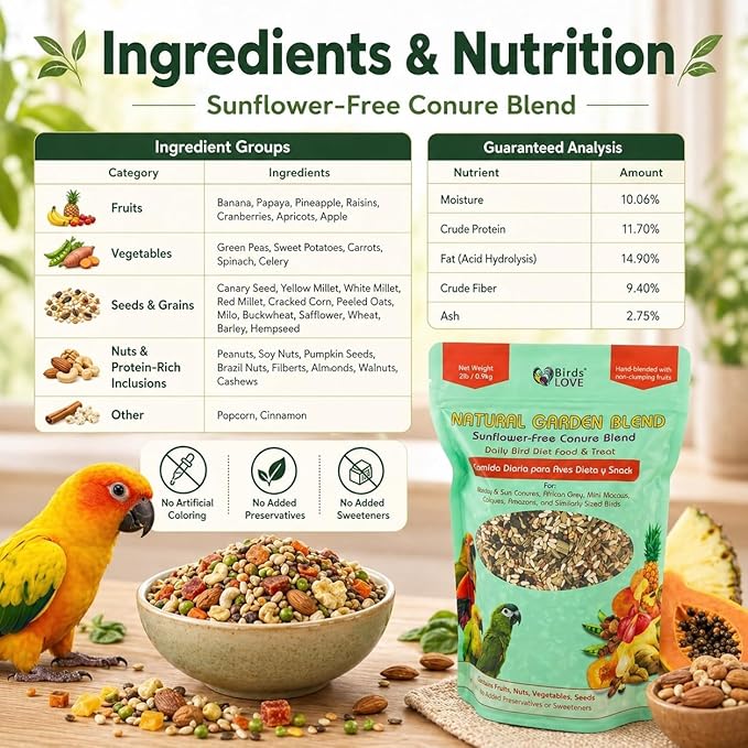 Birds LOVE All Natural Garden Blend Bird Food for Conures - Sunflower Free 2lb
