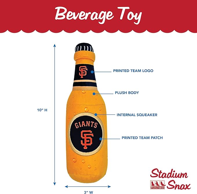Pets First MLB San Francisco Giants Stadium Beer Bottle Plush Dog Toy-Cutest Plush Toy for Dogs & Cats with Inner Squeaker & Premium Embroidery of Baseball Team Name & Logo