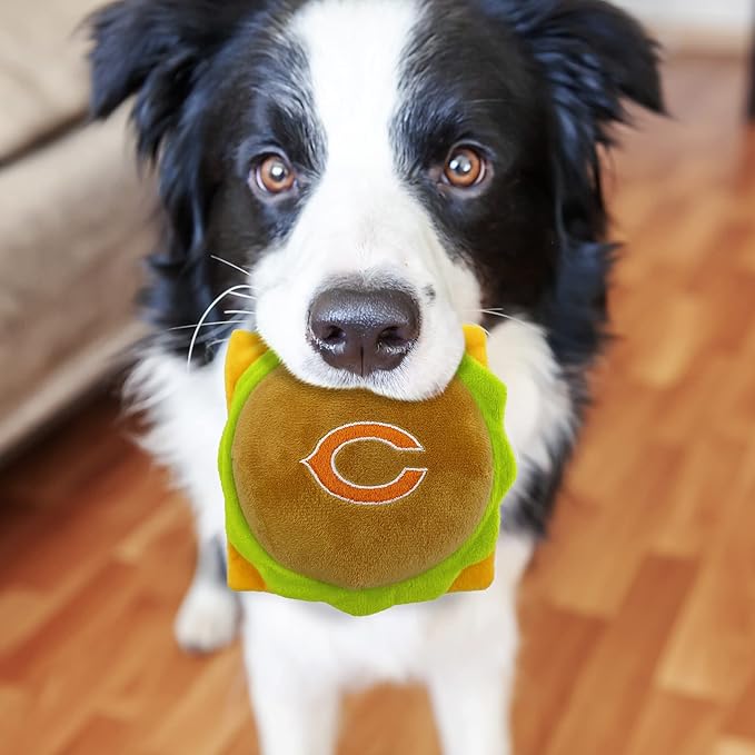 NFL Chicago Bears Cheese Burger Plush Dog & CAT Squeak Toy - Cutest Stadium HAMBERGER Snack Plush Toy for Dogs & Cats with Inner Squeaker & Beautiful Football Team Name/Logo