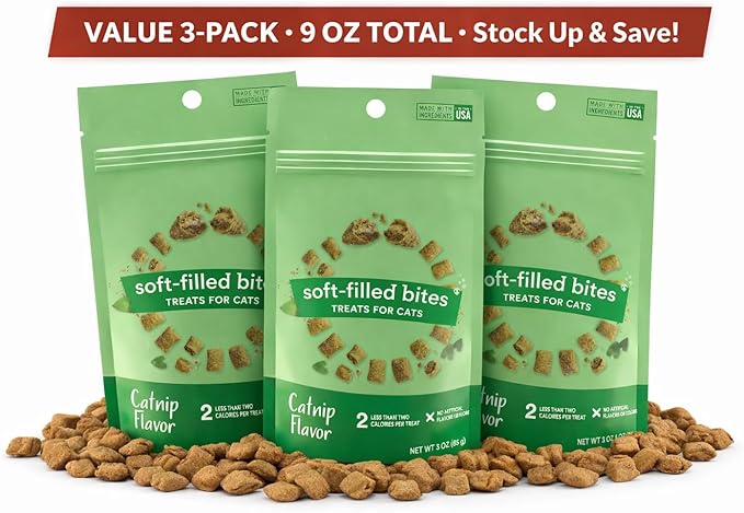 Catnip Cat Treats Crunchy Soft Filled Center Bites - Training Treats for Indoor Cats Kittens - Low Calorie Cat Snacks No Artificial Flavors Made in USA - 9 oz (Packaging May Vary)