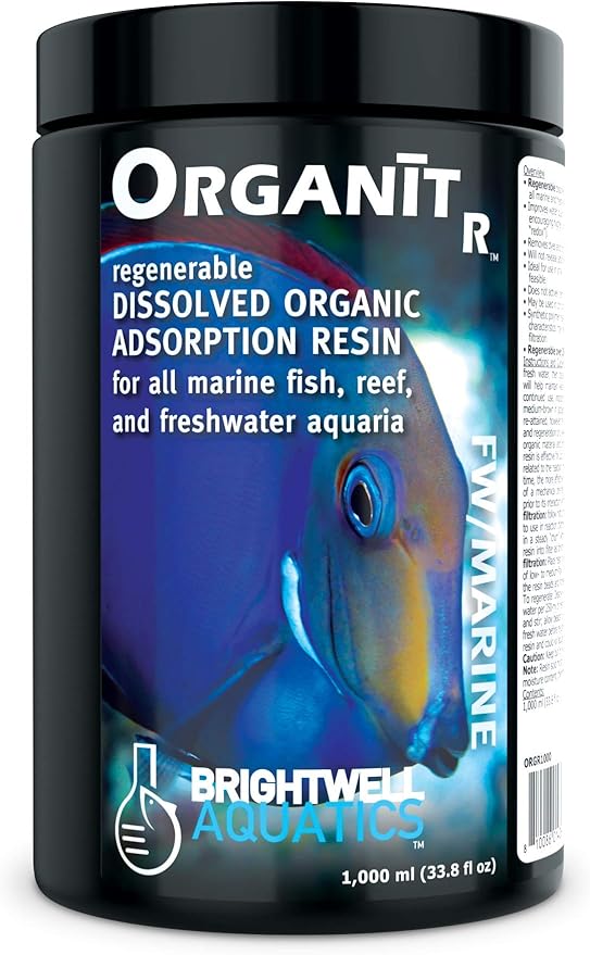 Brightwell Aquatics Organit R - Regenerable Filtration Resin to Remove Organic Material in Marine Saltwater and Freshwater Aquariums, 1000-ml, ORGR1000