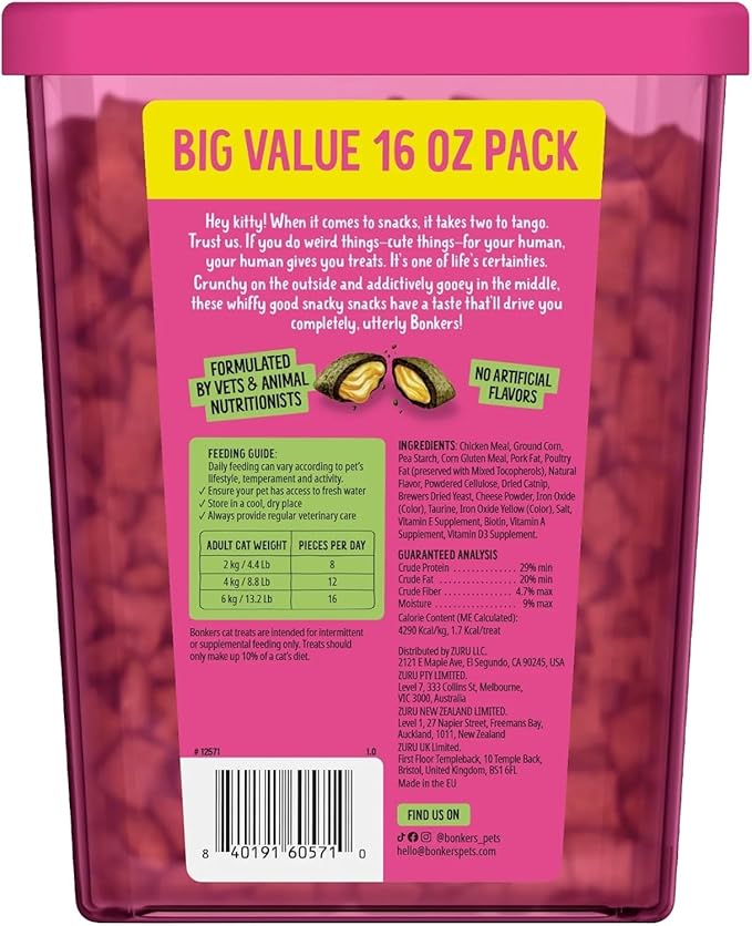 Bonkers Bites, Catnip and Chick 'N' Cheddar Flavor, Crunchy and Soft Texture Snacks, Low Calorie Healthy Treats, No Artificial Flavors, Perfect for Playtime Training Rewards, 2 Pack of 16 oz Tub