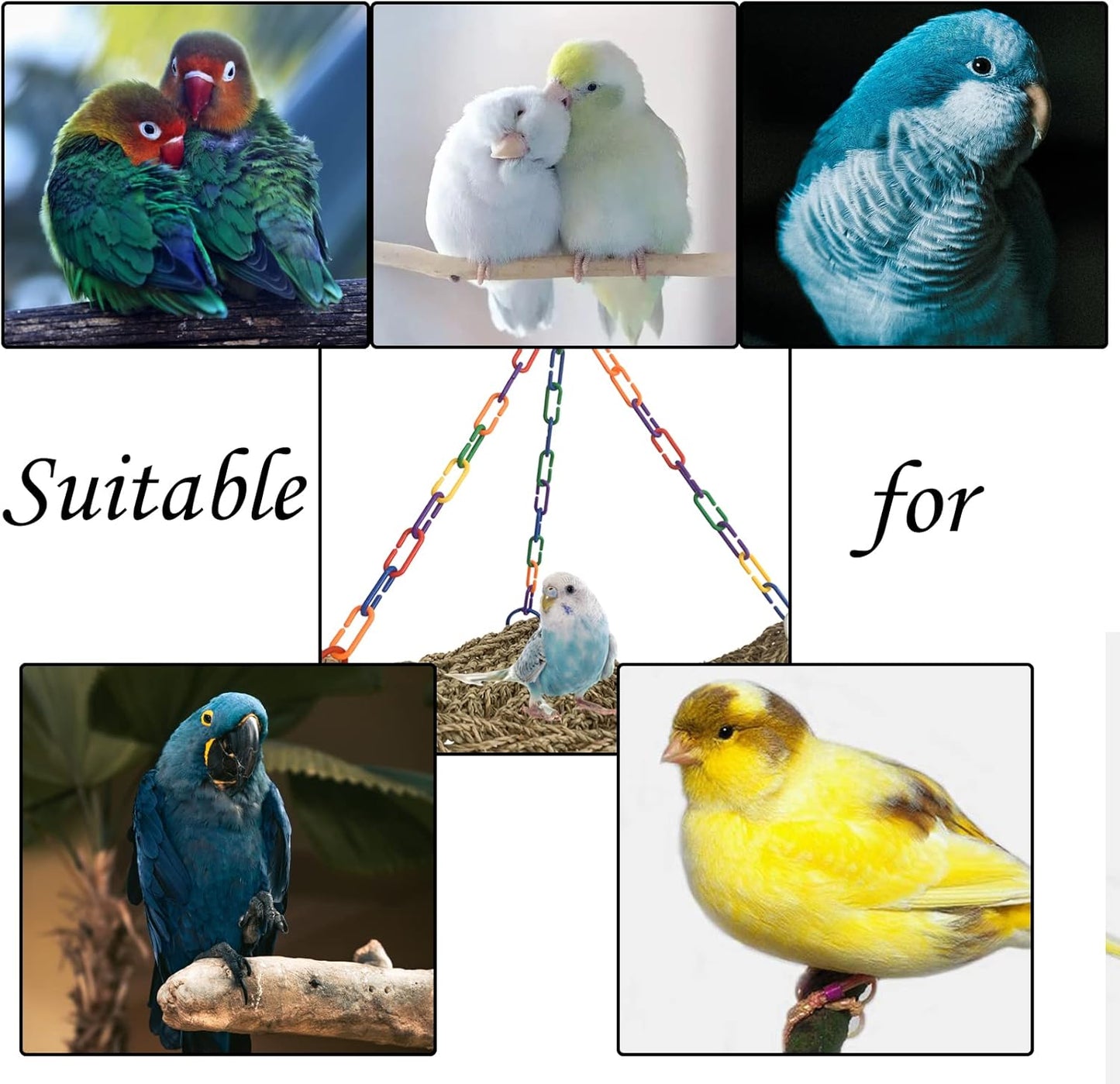 Bird Swing Toys,Bird Seagrass Mat Edible Hammock Parrot Lounger with Toys Handmade Woven Hanging Hammock for Lovebird Cockatiel Canary Parakeets Finch Budgie(2 Pcs)