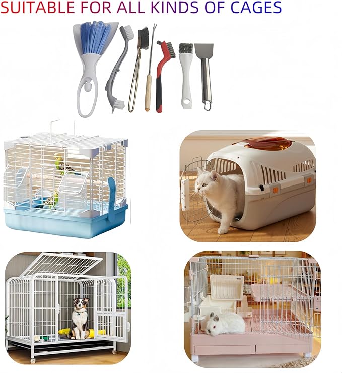 7 Pcs Bird Cage Cleaning Brush Kit Stainless Steel Poop Remover Bird Cage Long Handle Shovel Cleaner, Bird Cage Tool Accessories Supplies for Small Animal Cag