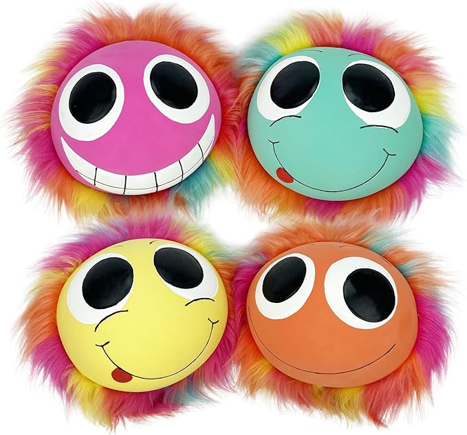 Multipet Albert Ball Dog Toy, Colorful Rainbow Fur, Funny Face Plush Ball with Squeaker Ball