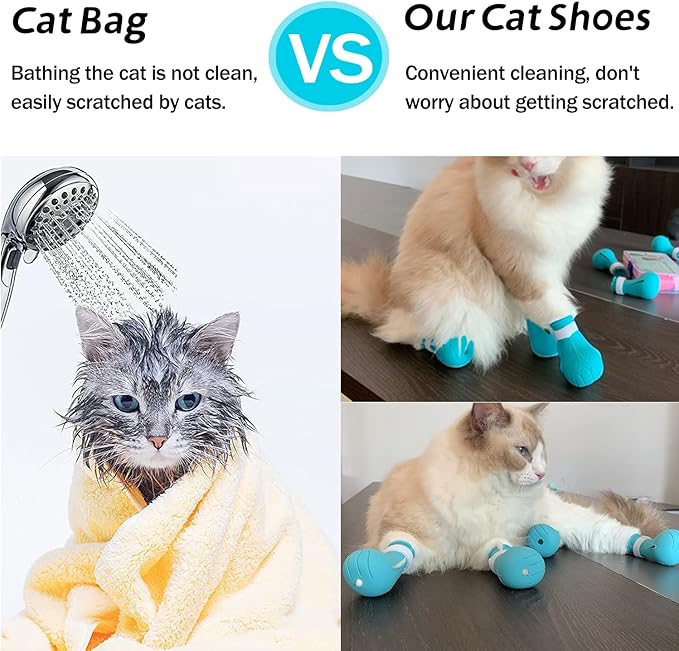 Cat Claw Covers Boots, Anti-Scratch Shoes Adjustable Prickly Anti-Off Shoes, Soft Silicone Paw Protector for Grooming Bathing Shaving to Prevent Scratching (Blue)