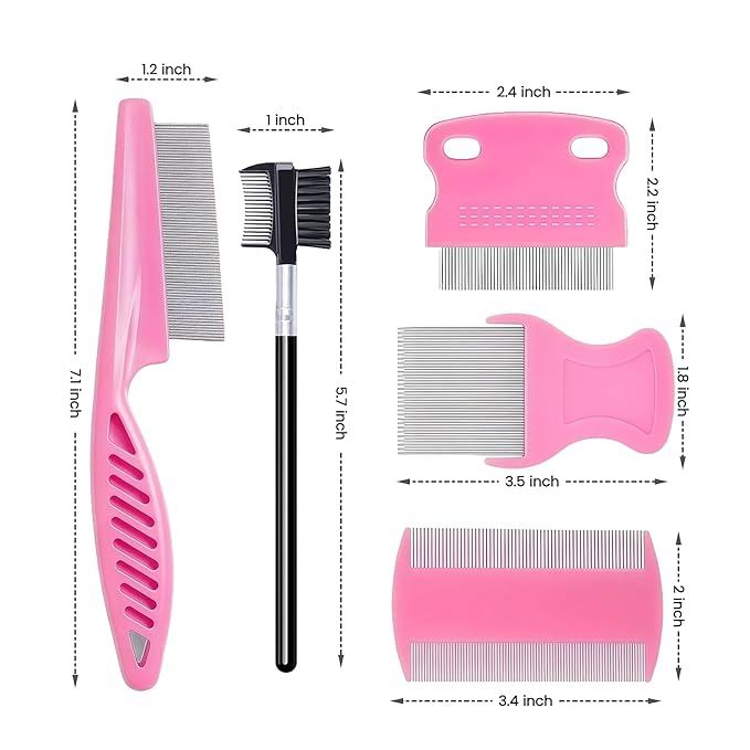 MEDUWEDU 5 Pack Flea & Lice Comb Set for Cats, Dogs & Kids – Stainless Steel Fine Tooth Nit Comb Kit with Double-Sided Tear Stain Remover, Grooming Brush & Peine para Piojos for Thick Hair (Pink)