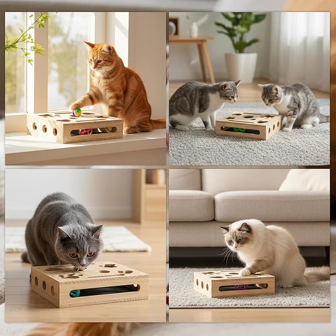 Cat Nail File Box for Indoor Cats – No Assembly Needed, 2026 Upgrade Wooden Scratch Puzzle Enrichment Box with Bell Ball & Sandpaper, Stress-Free Nail Trimming Alternative to Clippers