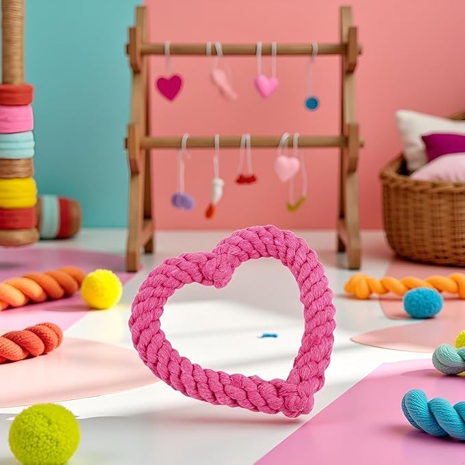 Pink Cute Dog/Cat Chew Toys, Dog Toys for Chewers, Heavy Duty Dental Rope Toy for Dogs, Creative Love Heart Shaped Interactive Rope Dog Toys, Cotton Puppy Teething Chew Tug Toy Dark