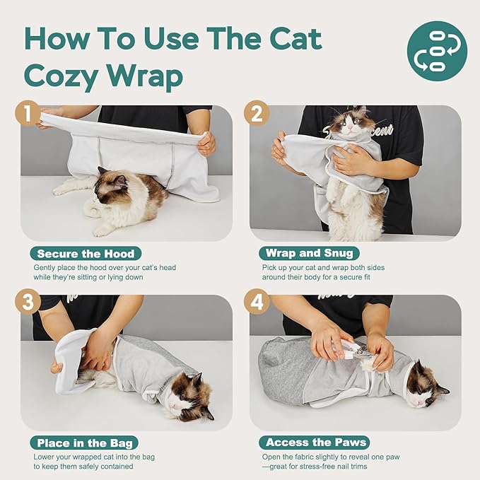 Self-Adhesive Cat Grooming Wrap, Cozy Cat Wrap for Cutting Nails, Breathable Anti-Scratch Cats Swaddle Bag for Brushing, Ear Cleaning, Dental Care, Medication, Injections,Grey L