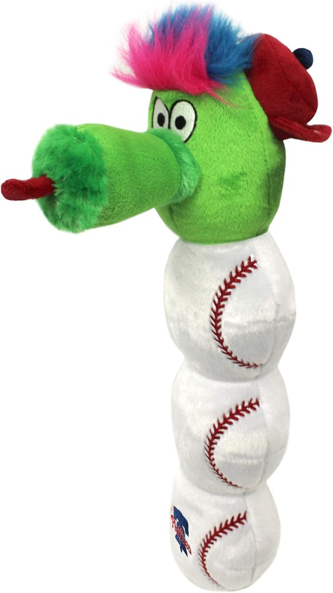 MLB Philadelphia Phillies Mascot Long PET Toy for Dogs & Cats with 4 Inner SQEAKERS in Soft Plush with Team Logo Embroidery and Baseball Design