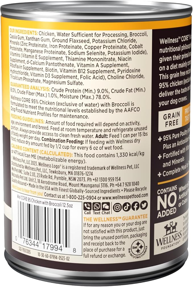 Wellness CORE 95% Adult Canned Wet Dog Food, Grain Free, Natural, Chicken and Broccoli Recipe, 12.5 oz, Pack of 12 Cans