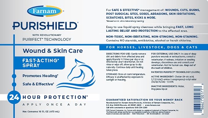 Farnam Purishield Wound & Skin Fast Acting Spray, All-purpose cleaner with 24 hour protection promotes healing and skin repair for horses, dogs, cats and livestock, 16 Ounces
