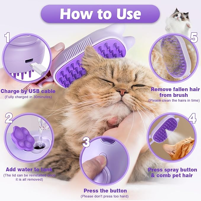 Pet Steam Brush for Dogs and Cats, Spritz Defur Comb 3 in 1 Pet Rechargeable Steam Brush Tool for Long and Short Haired Cats and Dogs, Anti-Static, Shedding, Detangling, Massage & Combing (Purple)
