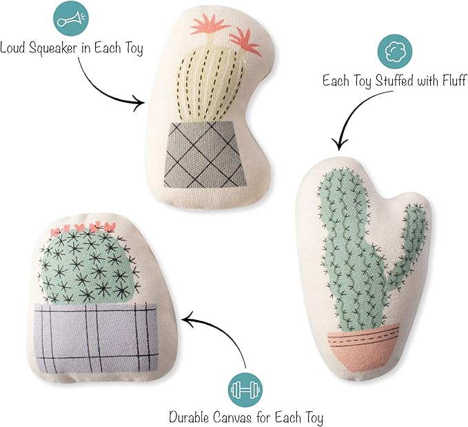Fringe Studio "Potted Cactus Durable Cotton Canvas Small Plush Dog Toy 3PCS Set, PetShop Collection (521014)