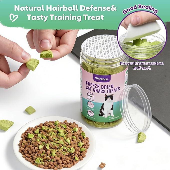 3.53oz Cat Grass Treats for Indoor Cats Freeze-Dried Cat Grass Teething Treats for Hairball Control, Gut Health & Dental Care Natural Chicken Kitten Crunchy Training Snacks