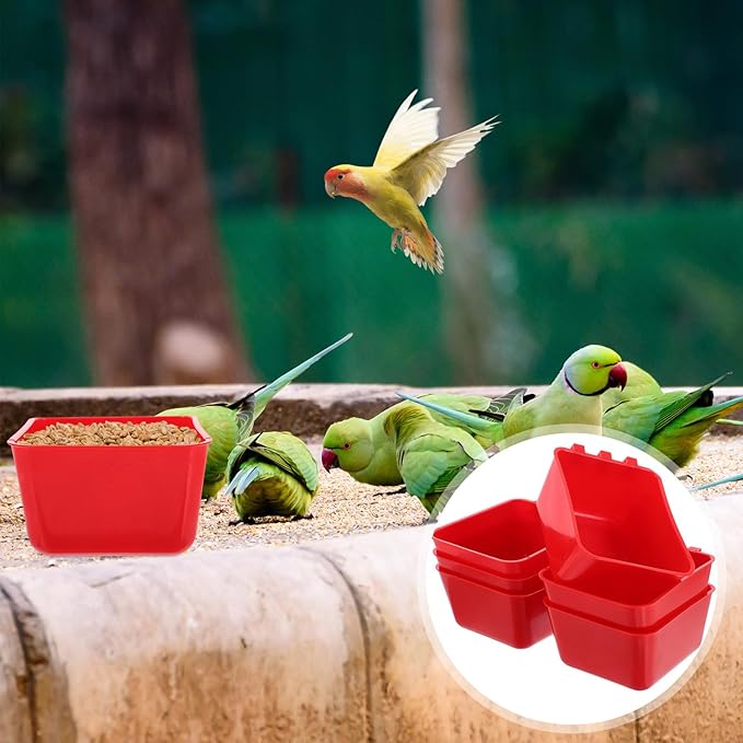 6pcs Hanging Bird Cage Feeder Bowls with Water Dishes Red Plastic Poultry Feeding Cups for Parrots, Chickens, Rabbits, Indoor Bird Cage Accessories