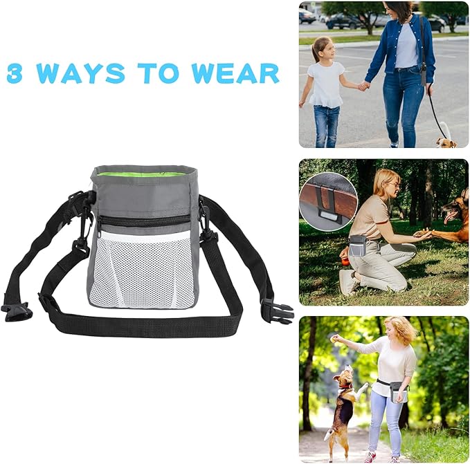 Dog Treat Pouch for Pet Training, 3-Way Wear Training Bag with 2 Clickers, Collapsible Bowl & Poop Bag, Large Capacity Dog Training Kit with Adjustable Waist Belt/Shoulder Strap for Walking