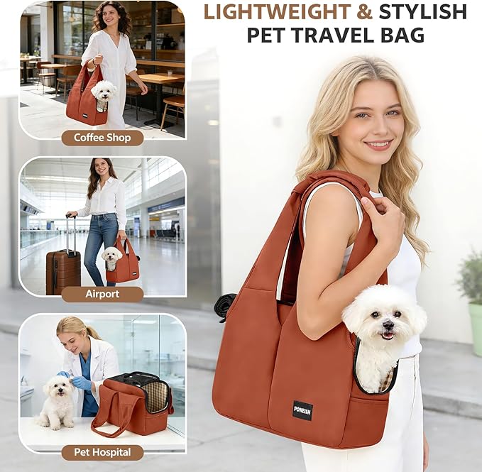 Dog Purse Carrier for Small Dogs and Cats, Soft-Sided Pet Tote Bag with 6 Large Pockets, Collapsible Travel Puppy Carrier, Fits Pets up to 13 lbs (Caramel, 15.7" L x 8" W x 11.8" H)