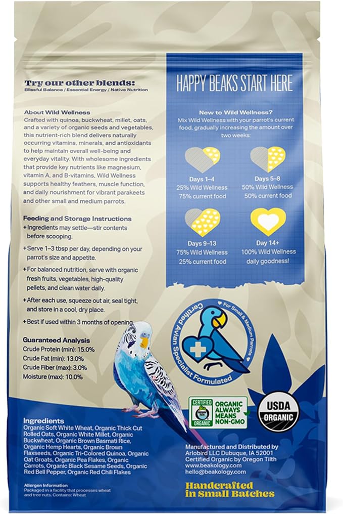 Wild Wellness Organic Parakeet Food, USDA Certified, Non-GMO, for Parakeets and Budgies, 2 lbs
