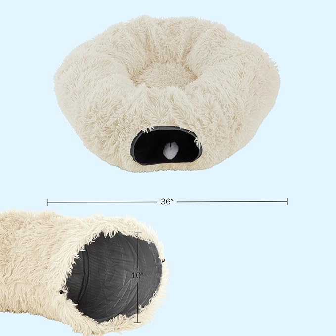 Cat Tunnel with Bed for Indoor Cats - 3FT Multifunctional Cat Tunnel Bed with Toys - Soft, Plush Peekaboo Cat Cave for Kittens, Cats, Ferrets, and Rabbits - Cat Products by PETMAKER (Cream)