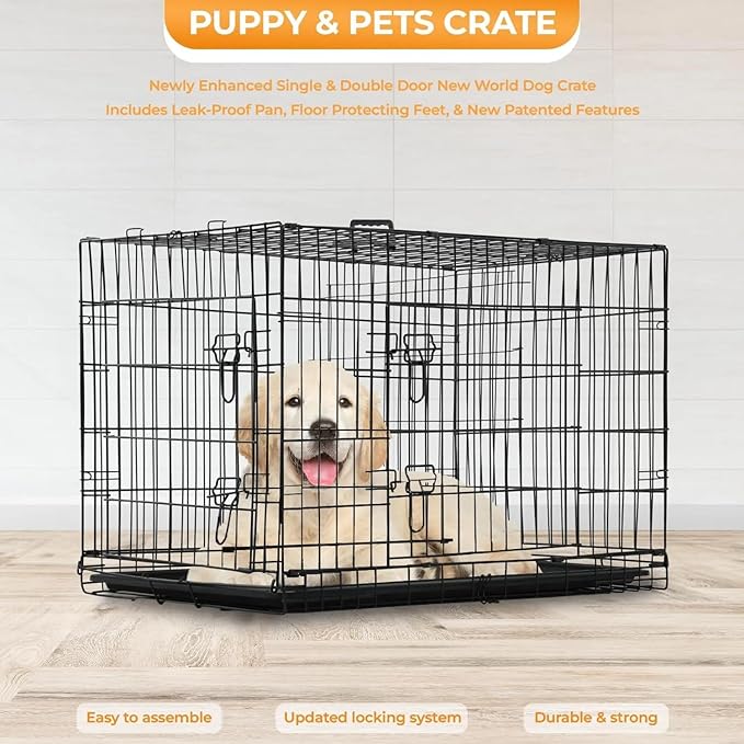 Portable Double-Door Dog Crate - Extra Large Travel Dog Crate for Medium Sized Dogs - Folding Metal Wire Dog Cage with Removable Tray & Divider Panel (Black, 30")
