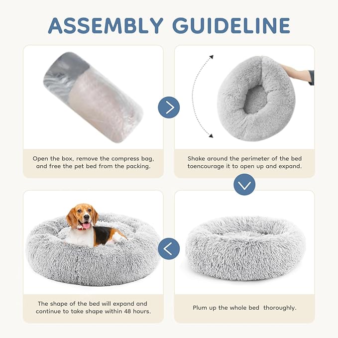 DUMOS Calming Donut Cat & Dog Bed for Small Medium Dogs, Machine Washable Cuddle Warming Cozy Fluffy Faux Fur Plush Round Dog Bed, Anti-Anxiety Waterproof Anti-Slip Pet Bed, 20/24/30/36 inches