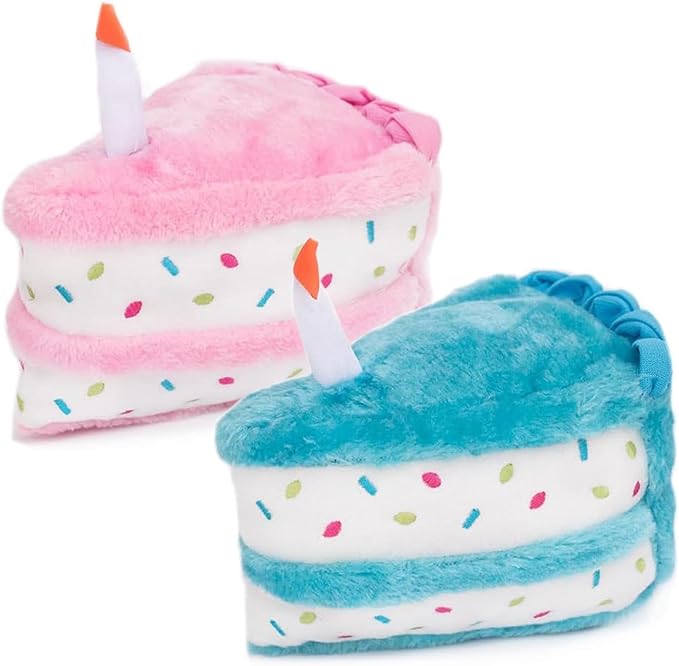 ZippyPaws Birthday Cake - Dog Squeaky Toys to Keep Them Busy, Funny Food Plush for Small, Medium, & Large Dogs, Cute Stuffed Puppy Toy, Pet Products, Gift for Dogs of All Breeds - Blue & Pink
