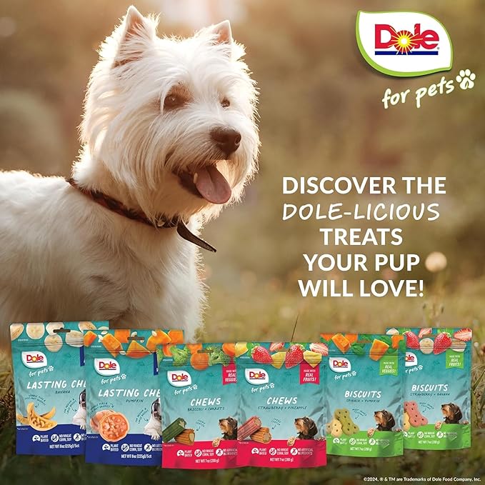 Dole for Pets Dog Chews, Assorted Strawberry + Pineapple Fruit-Flavored Treats, Real Fruit Flavor, No Artificial Colors Flavors or Preservatives, No Wheat Corn Soy, 7.05 Oz Bag - 2 Pack