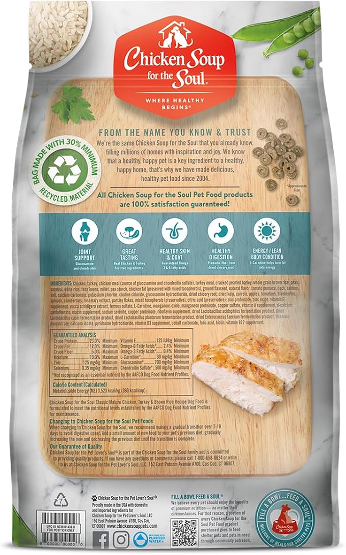 Chicken Soup for the Soul All Natural Premium Senior/Mature Dry Dog Food, Real Meat First Ingredient, No By-Products, Supports Joint Health and Mobility, Chicken, Turkey & Brown Rice, 28lb