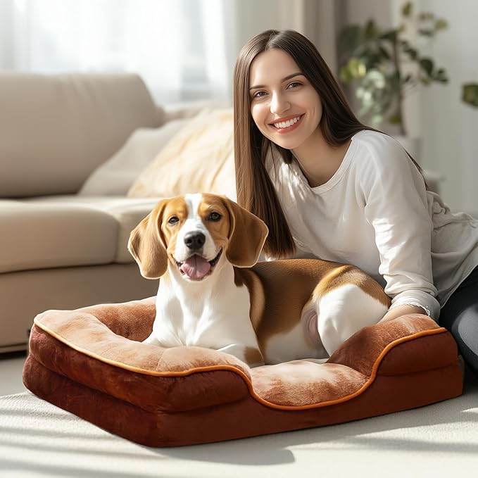 DUMOS 42x32 Inch Orthopedic Dog Beds for XL Large Sized Dogs, Machine Washable Cover Pet Bed, Anti-Slip Waterproof Memory Foam Couch Bed for Indoor Dogs and Cats, Brown
