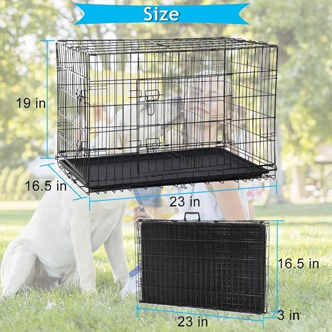 Dog Crate Dog Kennel Cage for Small Dogs, 24" Portable Foldable Indoor Outdoor Large Double Door Wire Metal Puppy Cat Pet Dog Cage with ABS Tray LC & Divider, Black