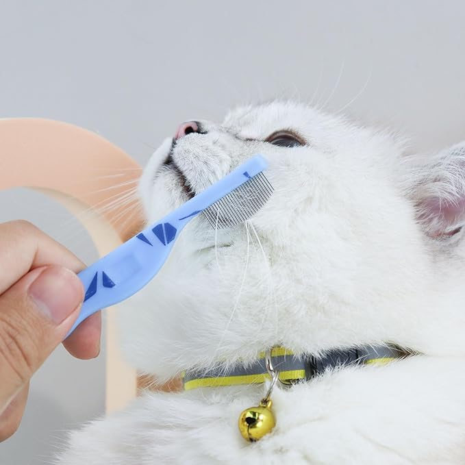 Andiker Small Dog Comb, Cat Comb with Curved Stainless Steel Rounded Tips Fine Tooth Ergonomic Handle Practical Pet Comb for Dogs Cats Grooming Removing Tear Stain (Blue)